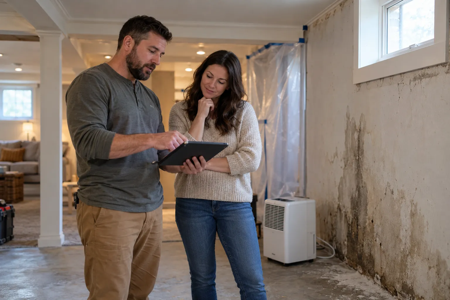 Friendly provider and homeowner reviewing a basement wall together in a Leesburg home